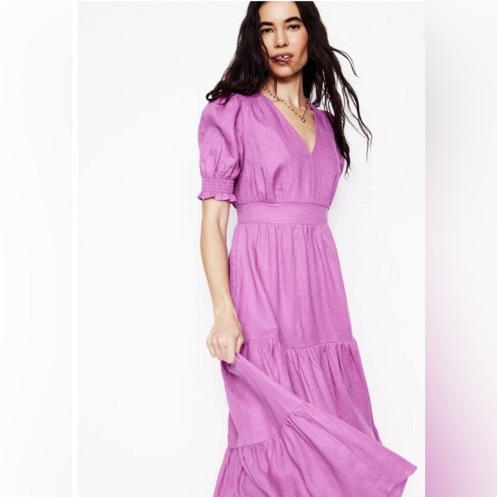 Boden Anna Linen Midi Dress with Puff Sleeves- NWT